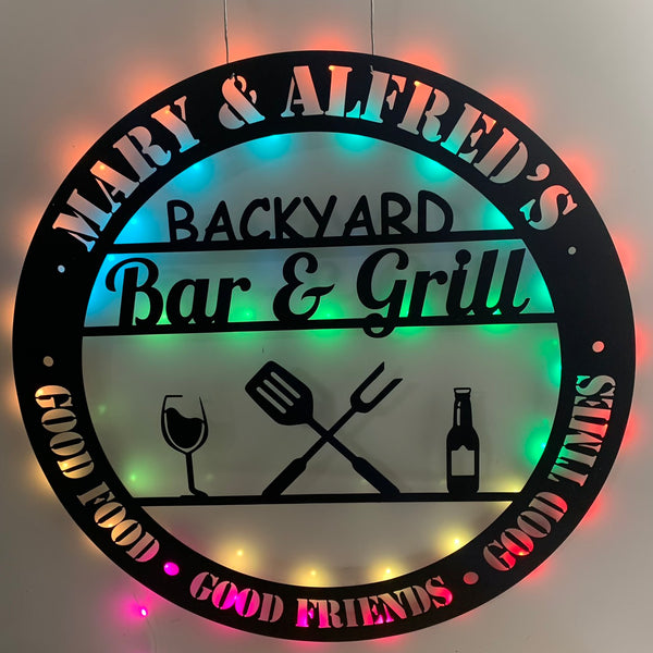 Personalized Bar & Grill Metal Wall Art With Led Lights, Custoom Patio Backyard Metal Name Sign, Bar & Bbq Grill Poolside Metal Led Sign