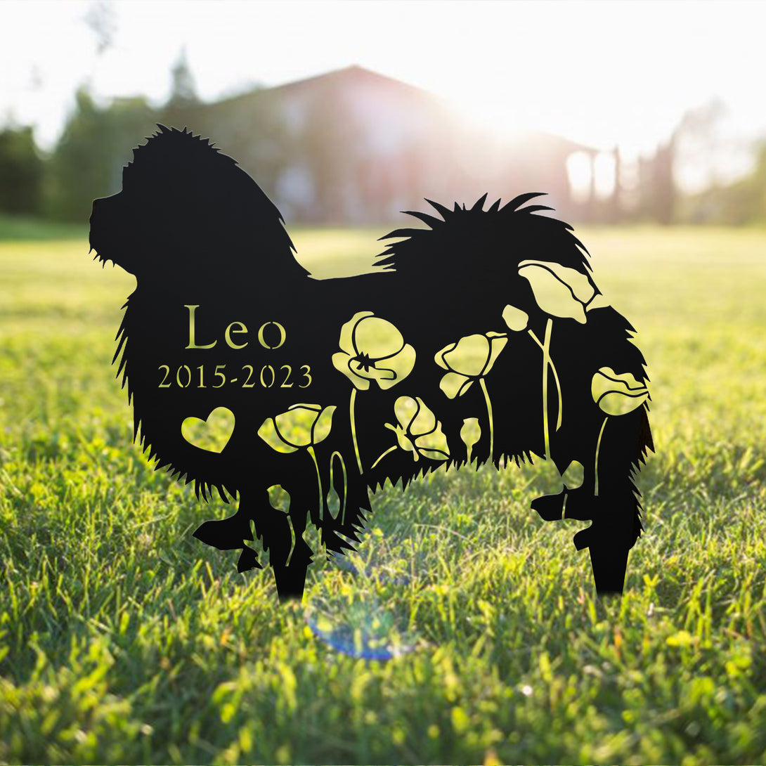Custom Floral Pekingese Dog Memorial Plaque Metal Stake, Poppy Flowers Dog Metal Yard Sign, Dog Loss Remembrance Sign, Pet Metal Grave Marker