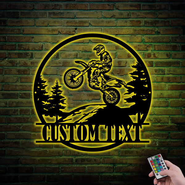 Personalized Motocross Metal Wall Art With Led Lights, Dirt Bike Racing Metal Sign Wall Hanging Decor, Custom Off-road Motorcycle Metal Name Sign