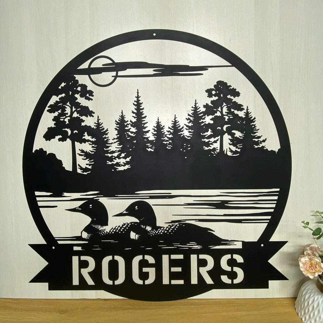 Custom Loon Duck Metal Wall Art, Personalized Duck Lake Scene Metal Name Sign, Waterfowl Loons Metal Wall Art, Lake House Sign, Cabin Lodge Decor