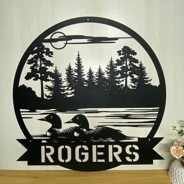 Custom Loon Duck Metal Wall Art, Personalized Duck Lake Scene Metal Name Sign, Waterfowl Loons Metal Wall Art, Lake House Sign, Cabin Lodge Decor