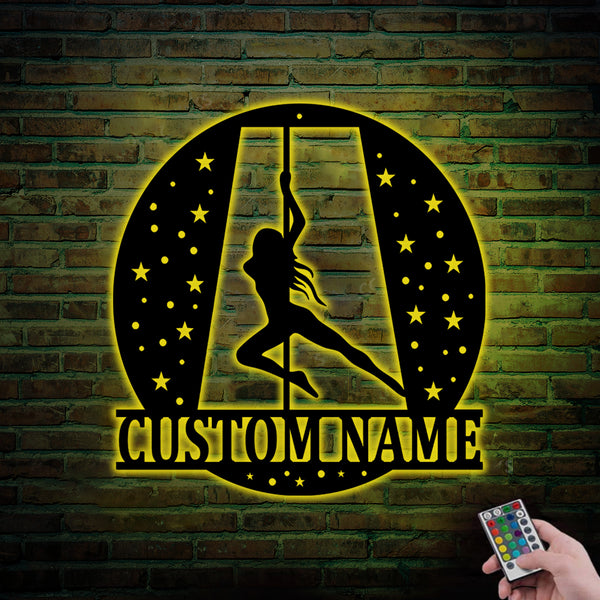 Custom Pole Dance Metal Wall Art With Led Lights, Personalized Girl Pole Dancing Metal Name Sign, Pole Dance Room Metal Led Sign Decor