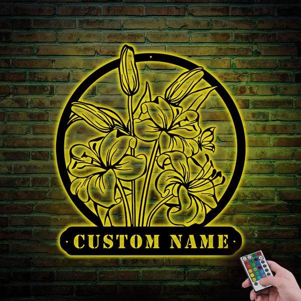 Custom Lilies Flower Metal Garden Sign With Led Lights, Personalized Name Lily Flower Metal Wall Art, Floral Bouquet Metal Garden Sign