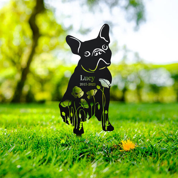 Custom Floral French Bulldog Memorial Plaque Metal Stake, Poppy Flowers Dog Metal Yard Sign, Dog Loss Remembrance Sign, Pet Metal Grave Marker