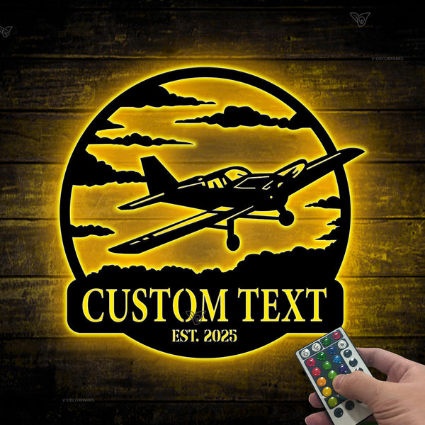 Custom Airplane Metal Sign Art With Led Lights, Personalized Pilot Name Metal Airplane Sign, Mechanic Aircraft Hangar Metal Wall Hanging Decor
