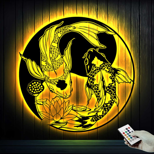 Yin Yang Koi Fish Metal Wall Art With Led Lights, Yin Yang Koi Fish Metal Sign, Yin Yang Koi Carp Japanese Carp Metal Sign Home Decor