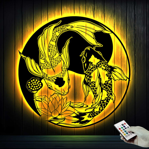 Yin Yang Koi Fish Metal Wall Art With Led Lights, Yin Yang Koi Fish Metal Sign, Yin Yang Koi Carp Japanese Carp Metal Sign Home Decor