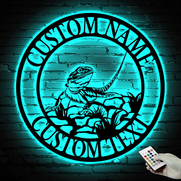 Personalized Bearded Dragon Metal Sign With Led Lights, Custom Gecko Lizard Metal Wall Art, Bearded Dragon Monogram Metal Wall Hanging Sign