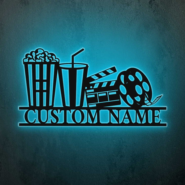 Custom Movie Home Cinema Metal Sign With Led Lights, Personalized Movie Theater Metal Wall Art, Film And Popcorn Cinema Room Metal Sign Decor
