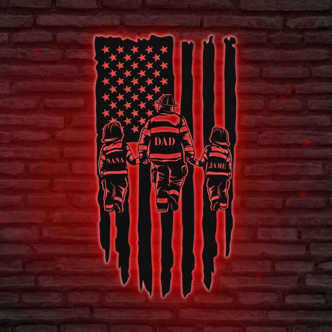 Custom Us Flag Father & Son Firefighter Metal Sign Led Lights, Personalized Dad Son Fireman Metal Name Sign, Fire Department Metal Wall Art Decor