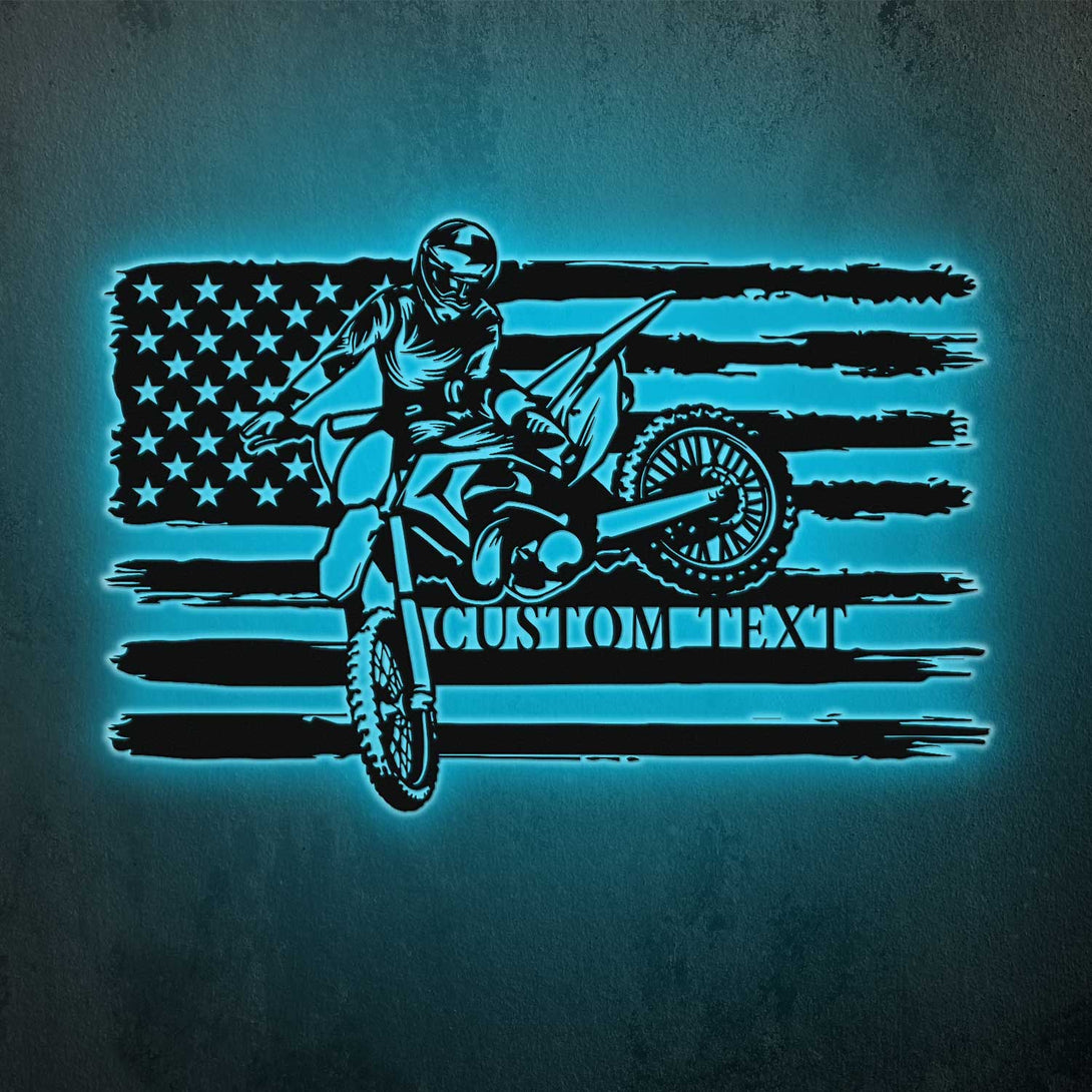 Custom Us Flag Motocross Biker Metal Wall Art With Led Lights, Personalized Dirt Bike Metal Name Sign, Dirt Bike Motorcycle Metal Sign Wall Decor