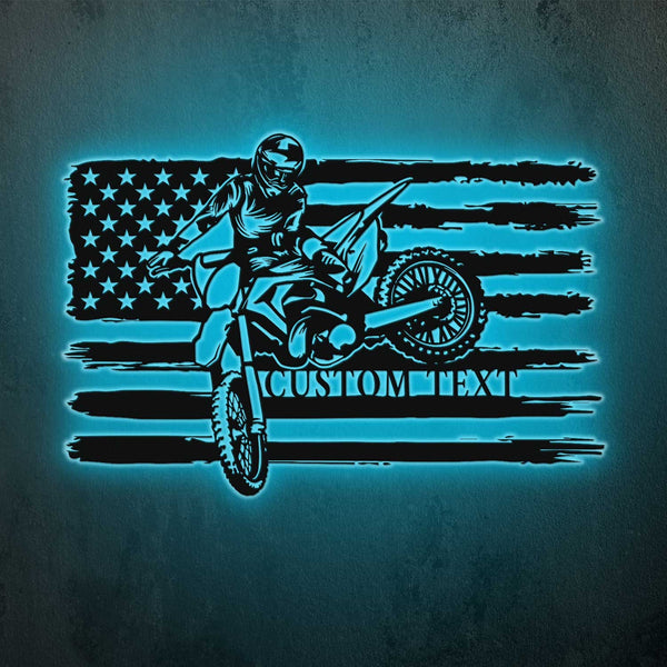 Custom Us Flag Motocross Biker Metal Wall Art With Led Lights, Personalized Dirt Bike Metal Name Sign, Dirt Bike Motorcycle Metal Sign Wall Decor