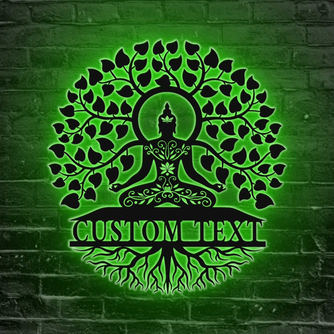 Buddha Meditation Tree Of Life Metal Wall Art Led Lights, Custom Name Tree Of Life Buddhism Metal Sign, Spiritual Metal Art Yoga Zen House Decor