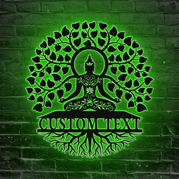 Buddha Meditation Tree Of Life Metal Wall Art Led Lights, Custom Name Tree Of Life Buddhism Metal Sign, Spiritual Metal Art Yoga Zen House Decor