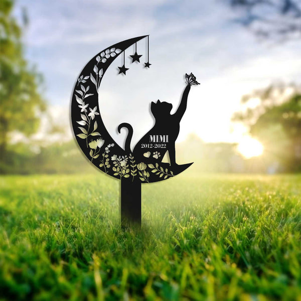 Custom Cat On Crescent Moon Memorial Metal Stake, Memorial Cat With Butterfly Garden Stake, Cat Loss Remembrance Stake, Pet Metal Grave Marker