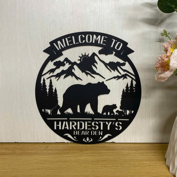 Personalized Mountain Bears Metal Cabin Sign, Custom Family Name Nature Wild Bear Metal Sign, Bears In Woods Metal Cabin Sign, Forest Bear Metal Sign