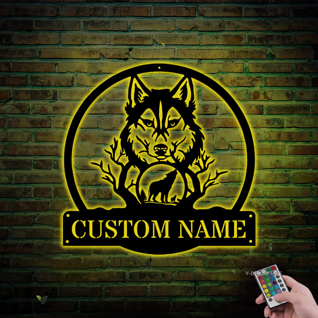 Custom Wolf Metal Wall Art With Led Lights, Personalized Wild Wolf Metal Sign For Home Decor, Howling Wolf Metal Wall Hanging Sign