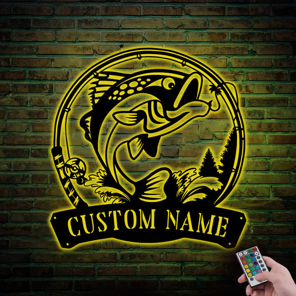 Cutom Bass Fishing Metal Wall Art Led Lights, Personalized Fisherman Metal Name Sign, Bass Fishing Metal Art, Metal Fishing Outdoor Cabin Sign