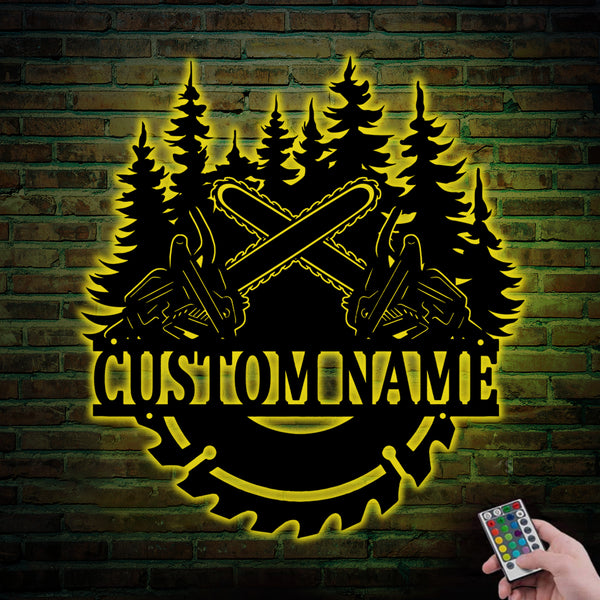 Custom Lumberjack Saw Blade Metal Wall Art With Led Lights, Personalized Woodsman Metal Name Sign, Lumberjack Woodworker Cabin Sign Home Decor