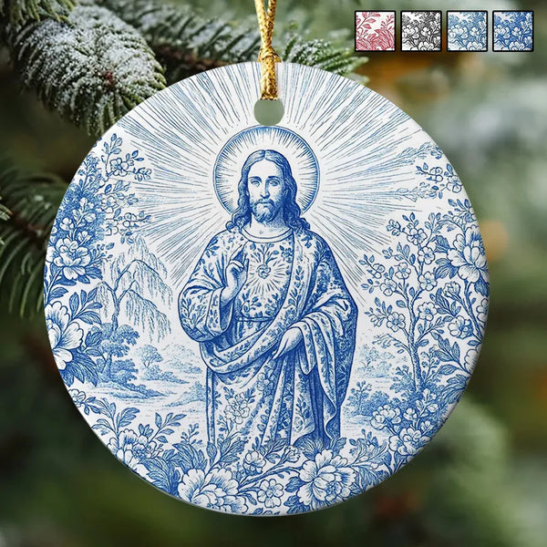 Jesus Toile de Jouy Ceramic Christmas Ornament, Religious God Ornament for Tree, Christian Christmas Decoration, Holiday Ornament Gift