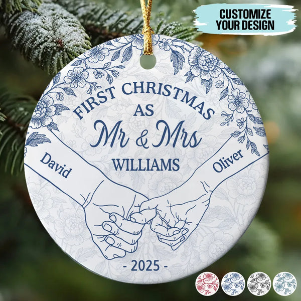 Holding Hands First Christmas Personalized Toile de Jouy Ceramic Ornament, Custom Couple Name Christmas Ornament, First Christmas Together Gift