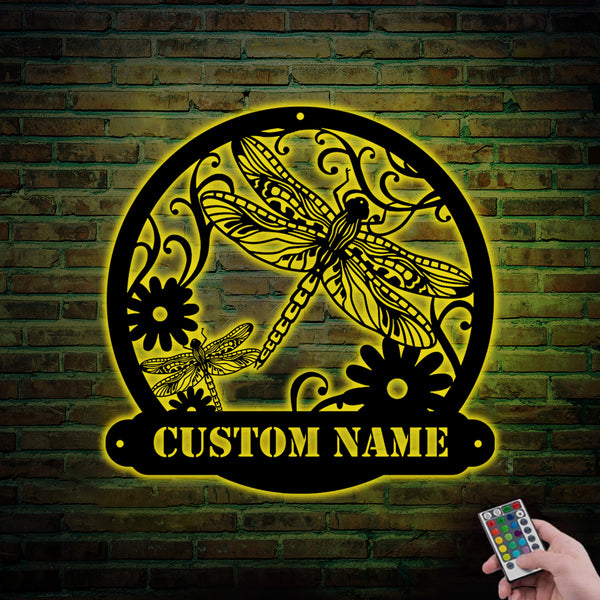 Custom Dragonfly Metal Wall Art With Led Lights, Personalized Dragonfly With Flowers Metal Name Sign, Dragonfly Metal Garden Decor