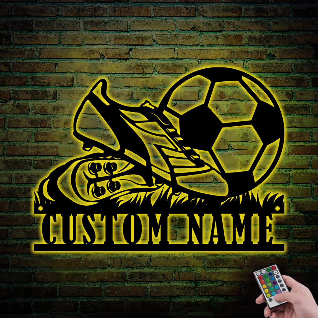 Custom Soccer Ball Metal Wall Art With Led Light, Personalized Soccer Player Name Sign, Football Sport Lover Metal Sign Room Decor