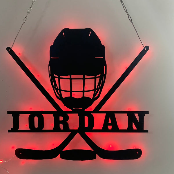 Personalized Hockey Sticks & Helmet Metal Wall Art Led Lights, Custom Ice Hockey Player Metal Name Signs, Hockey Sport Metal Wall Led Decor