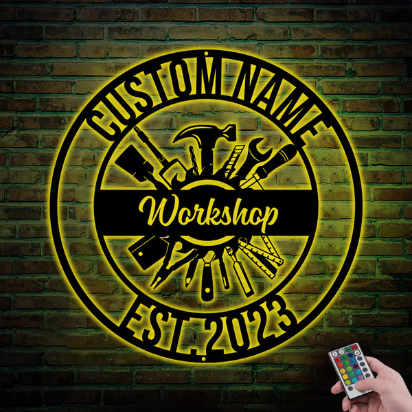 Custom Tools Repair Workshop Metal Wall Art Led Lights, Personalized Carpenter Handyman Metal Name Sign, Mechanic Garage Metal Sign Wall Decor