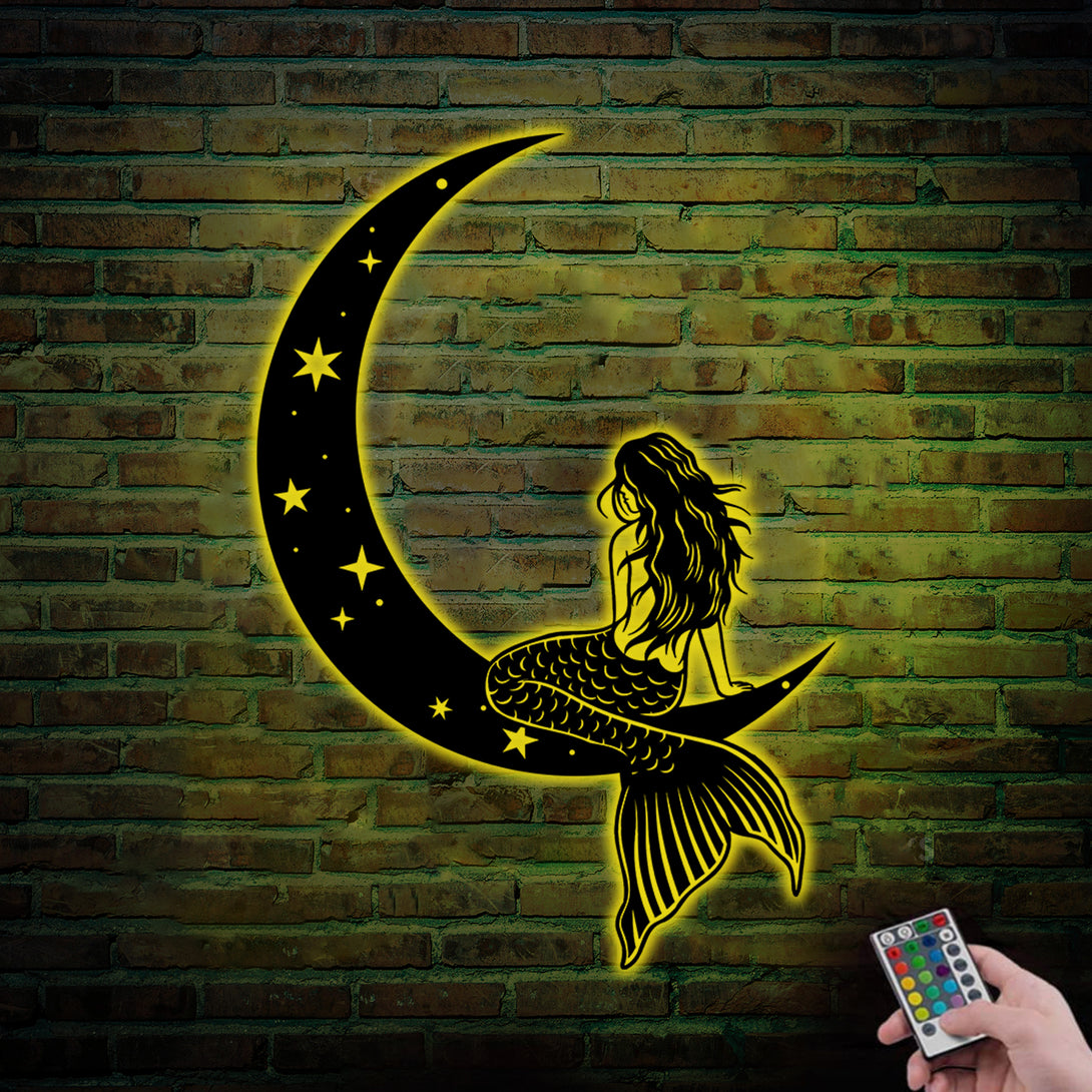 Little Mermaid On The Moon Metal Wall Art With Led Lights, Mermaid On Crescent Moon Metal Led Sign, Ocean Mermaid Metal Sign Home Decor