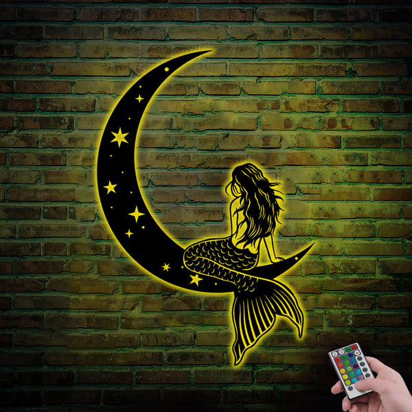 Little Mermaid On The Moon Metal Wall Art With Led Lights, Mermaid On Crescent Moon Metal Led Sign, Ocean Mermaid Metal Sign Home Decor
