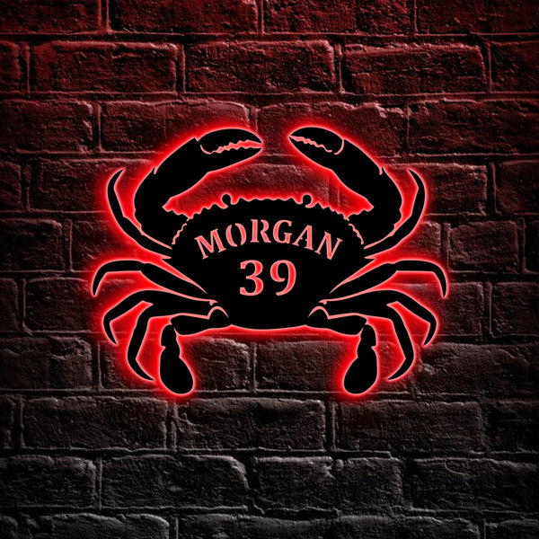 Custom Crab Metal Address Sign With Led Lights, Custom Beach House Number Sign Front Door Decor, Metal Crab Address Number Wall Hanging Sign