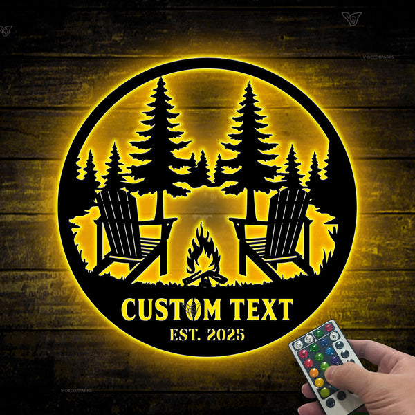 Custom Forest Camping Fire Pit Metal Sign Led Lights, Personalized Campfire With Chairs Metal Name Sign, Cottage Cabin Campsite Metal Wall Decor