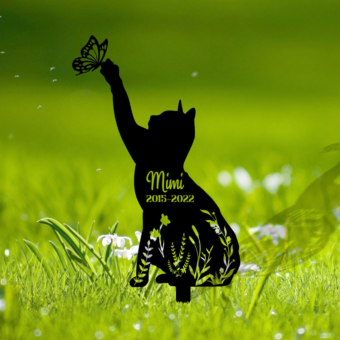 Personalized Floral Cat With Butterfly Memorial Stake, Flowers Cat Memorial Metal Yard Sign, Pet Loss Remembrance Sign, Cat Metal Grave Marker