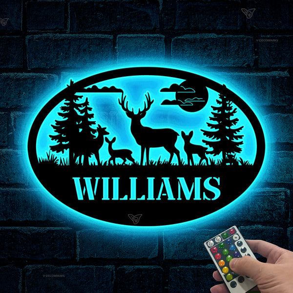 Personalized Forest Deer Cabin Metal Name Sign With Led Lights, Custom Family Name Wild Deer Metal Wall Art, Deer Hunting Cabin Lodge Metal Decor
