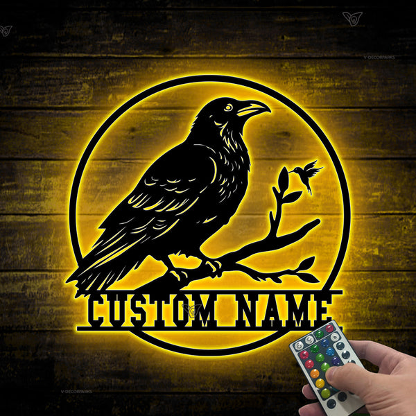 Custom Raven On Branch Metal Wall Art With Led Lights, Personalized Crow Moon Metal Name Sign Home Decor, Black Raven Led Metal Sign