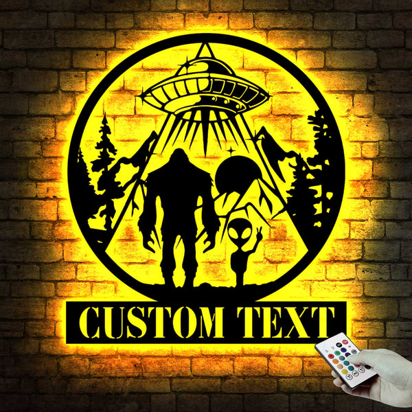Custom Bigfoot Alien Ufo Metal Wall Art Led Lights, Personalized Bigfoot Alien Metal Name Sign Home Decor, Funny Bigfoot Ufo Metal Led Sign
