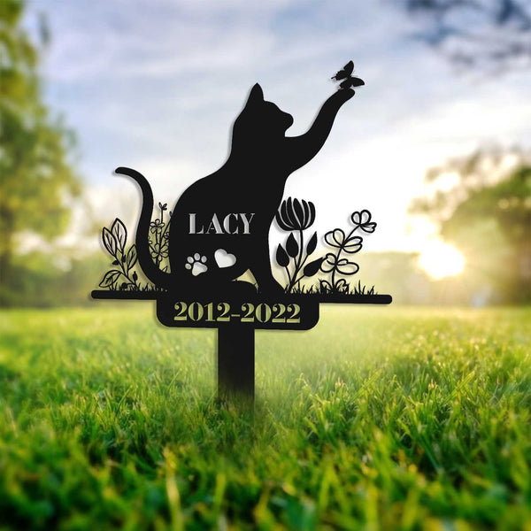 Custom Floral Cat With Butterfly Metal Garden Stake, Personalized Cat Memorial Metal Stake, Pet Metal Grave Markers, Cat Loss Remembrance Stake