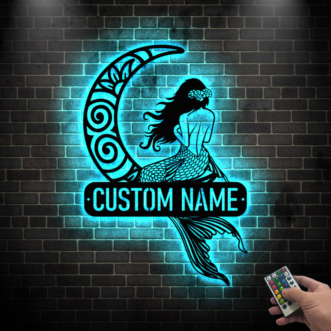 Custom Mermaid On Crescent Moon Metal Wall Art Led Lights, Personalized Mermaid Tail Metal Sign, Beautiful Mermaid Metal Wall Sign Home Decor