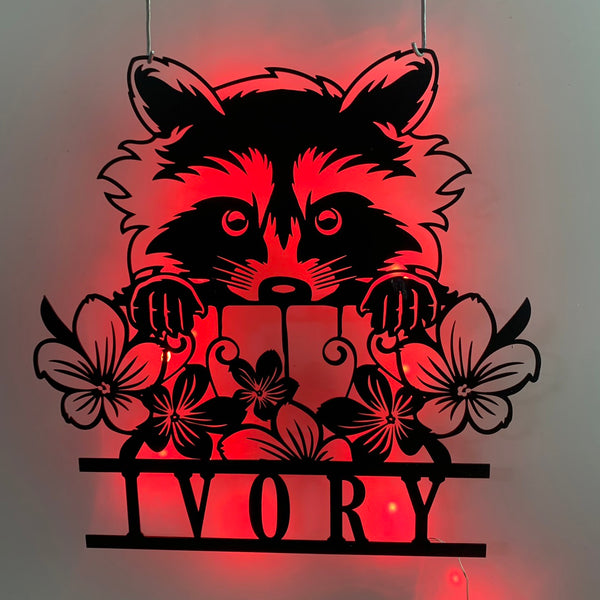 Custom Peeking Raccoon Metal Wall Art Led Light, Personalized Floral Raccoon Metal Name Sign, Raccoon Wild Animal Metal Wall Led Sign