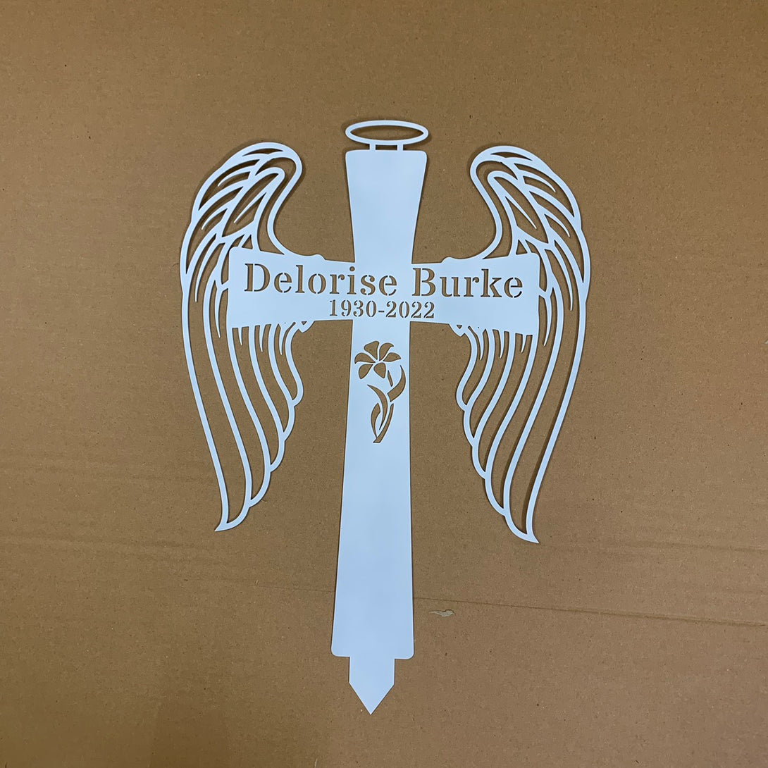 Custom Cross With Wings Memorial Stake, Sympathy Metal Garden Stake, Cross Grave Marker, Loss Of Loved One Metal Stake, Custom Remembrance Stake