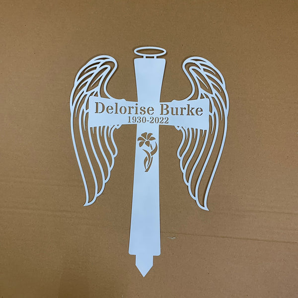Custom Cross With Wings Memorial Stake, Sympathy Metal Garden Stake, Cross Grave Marker, Loss Of Loved One Metal Stake, Custom Remembrance Stake