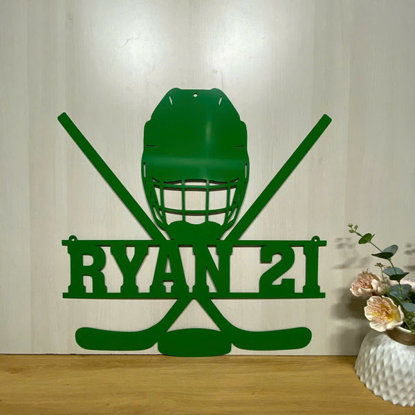 Custom Hockey Stick & Helmet Metal Wall Art, Personalized Ice Hockey Player Name Metal Sign, Hockey Sport Metal Wall Sign Kids Room Decor