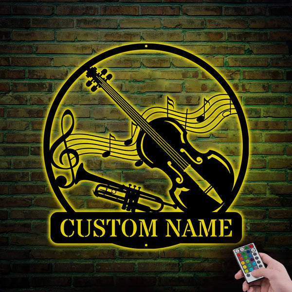 Personalized Trumpet Violin Monogram Metal Wall Art With Led Lights, Trumpet & Violin Musical Instrument Metal Sign, Music Room Metal Wall Decor