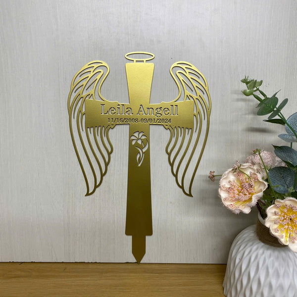 Personalized Cross With Wings Memorial Sign Yard Stake, Custom Grave Marker Metal Garden Stake, Memorial Cross Metal Garden Sign, Sympathy Sign