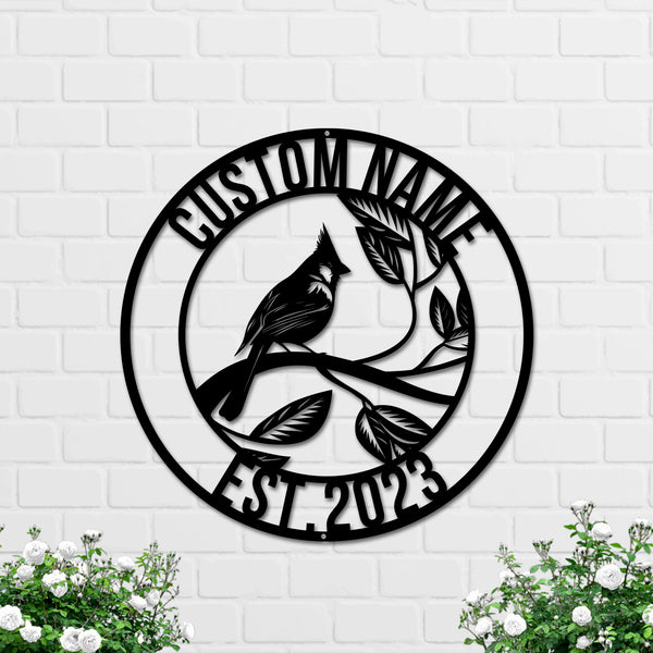 Custom Name Cardinal Bird On Branch Metal Sign, Personalized Cardinal Monogram Metal Wall Art, Cardinal Bird Garden Metal Wall Hanging Decor