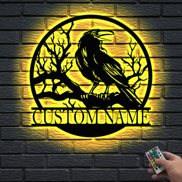 Custom Name Black Raven On Branch Metal Wall Art With Led Lights, Personalized Crow Moon Metal Sign Home Decor, Black Crow Bird Led Metal Sign