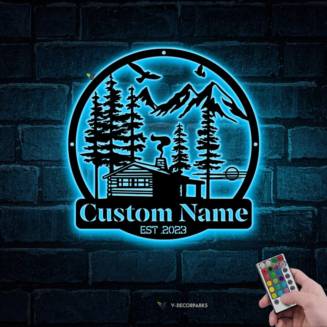 Custom Cabin Address Metal Wall Art With Led Lights, Personalized Family Name Metal Cabin Sign, Outdoor Cabin Lodge Man Cave Metal Wall Sign