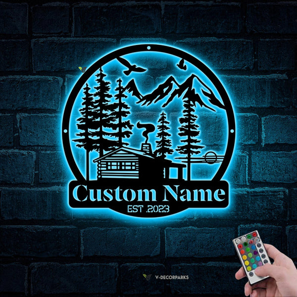 Custom Cabin Address Metal Wall Art With Led Lights, Personalized Family Name Metal Cabin Sign, Outdoor Cabin Lodge Man Cave Metal Wall Sign