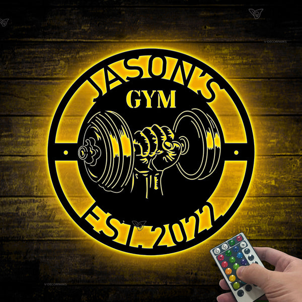 Personalized Name Metal Dumbbell Gym Sign Led Lights, Custom Gym Weightlifting Workout Metal Wall Art, Powerlifting Gym Fitness Metal Wall Decor